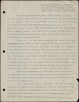 Catharine S. Huntington typed statement, Boston, Mass., [August 23, 1927]