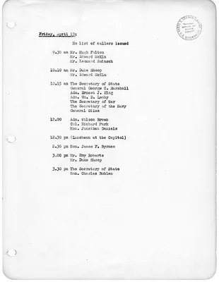 Daily Appointment Sheet for President Harry S. Truman