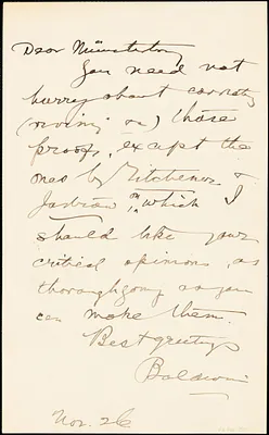 Baldwin, James Mark, 1861-1934 autograph note signed to Hugo Münsterberg, 26 November