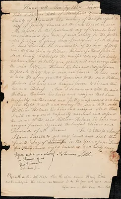 Deed of pew conveyance for pew owner William Holmes, shipwright of Marshfield