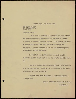 Sacco-Vanzetti Defense Committee typed letter (copy), in Italian, to Nick Ulisse, Boston, Mass., March 29, 1924
