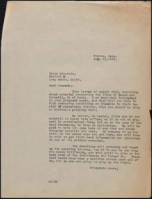 Gardner Jackson typed letter (copy) to Upton Sinclair, Boston, Mass., August 31, 1927