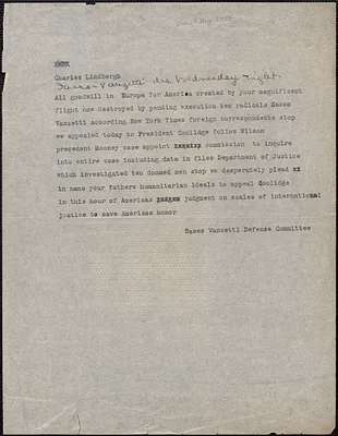 Sacco-Vanzetti Defense Committee telegram (draft) to Charles Augustus Lindbergh, Boston, Mass., approximately [August 8, 1927]