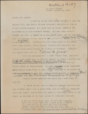 T[homas] Connolly typed letter signed (draft) to Editor, [The Boston Herald], Boston, Mass., August 24, 1927