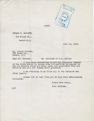 Letters Received to Josiah Stryker, June 18, 1926