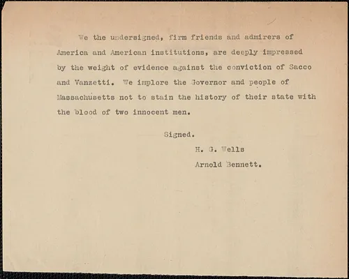 H. G. Wells and Arnold Bennett typed note to [Alvan T. Fuller?, August 1927]