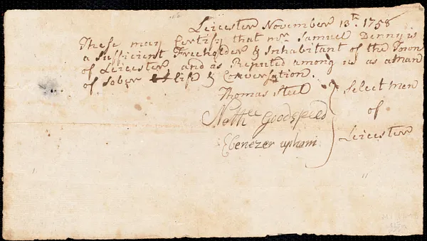 Elizabeth Ruddocks indentured to apprentice with Samuel Denny [Denney] of Leicester, 6 December 1758