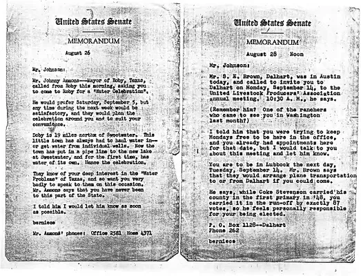 Lyndon Johnson's 1953 Desk Diary, memos from August 26 and 28