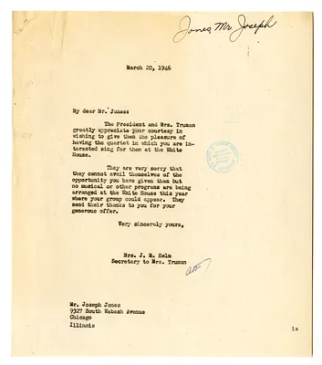 Letter from Joseph Jones to Bess W. Truman with a Reply from Edith Helm
