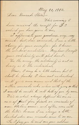 Bartolomeo Vanzetti autographed letter signed to Mrs. Stein, [Charlestown], 20 May 1924