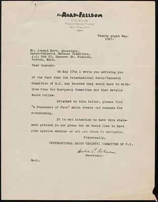 Sadie L. Robinson (International Sacco-Vanzetti Defense Committee) typed letter signed to Joseph Moro, New York, N.Y., May 28, 1927