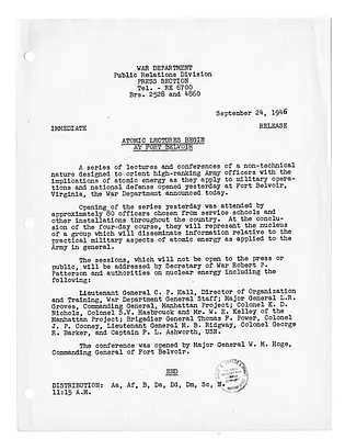 War Department Press Release