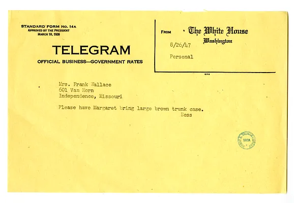 Copy of Telegram from Bess W. Truman to Natalie Wallace