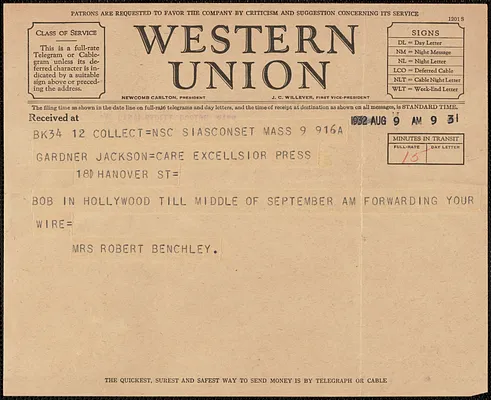 Mrs. Robert Benchley telegram to Gardner Jackson, Siasconset, Mass., August 9, 1932