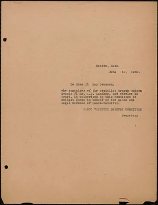 Sacco-Vanzetti Defense Committee typed note (copy) to whom it may concern, Boston, Mass., June 10, 1926