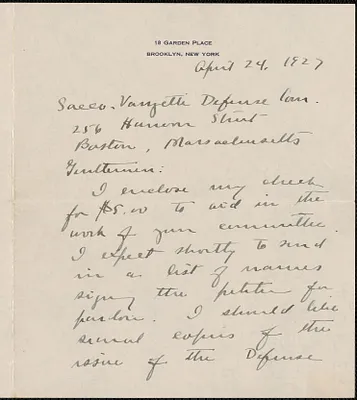 Kate M. Ward autograph letter signed to Sacco-Vanzetti Defense Committee, Brooklyn, N.Y., April 24, 1927