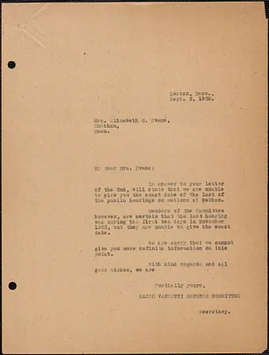 Sacco-Vanzetti Defense Committee typed letter (copy) to Elizabeth G[lendower] Evans, Boston, Mass., September 5, 1925
