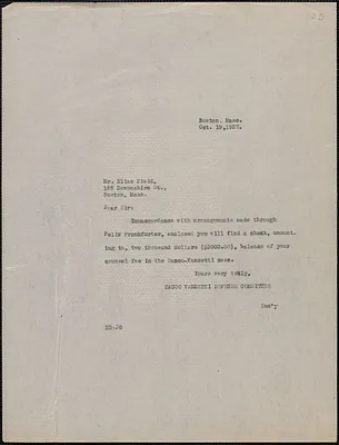 Mary Donovan (Sacco-Vanzetti Defense Committee) typed note (copy) to Elias Field, Boston, Mass., October 19, 1927