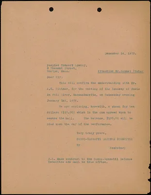 Sacco-Vanzetti Defense Committee typed letter (copy) to Samuel Fisher (People's Concert Agency), Boston, Mass., December 14, 1923