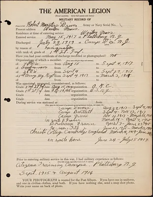 American Legion military record of Robert Marsters Driver