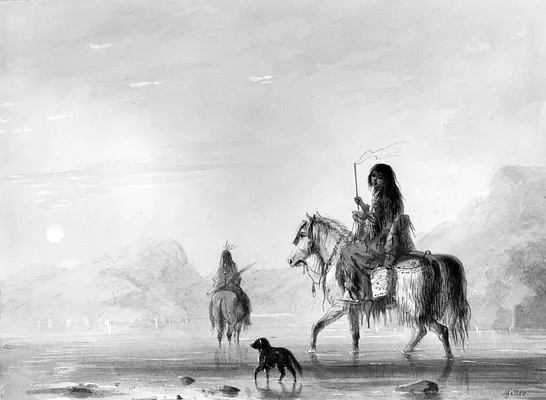 Indian and His Squaw Fording a River