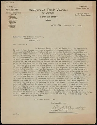 A. Muste (Amalgamated Textile Workers of America) typed letter signed to Sacco-Vanzetti Defense Committee; New York, N.Y., January 19, 1921