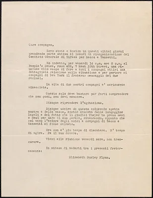 Elizabeth Gurley Flynn typed letter (circular), in Italian, [Boston, Mass., 1920-1927]