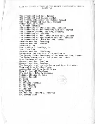 Guest List for Dinner with President of the French Republic Vincent Auriol