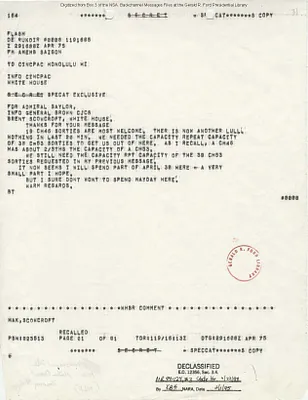 Telegram from Ambassador Graham Martin Concerning his Last Night in Saigon, South Vietnam