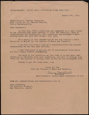 Anna Cornblath (Sacco-Vanzetti United Labor Conference, San Francisco) typed letter signed to Sacco-Vanzetti Defense Committee, San Francisco, Calif., August 2, 1926