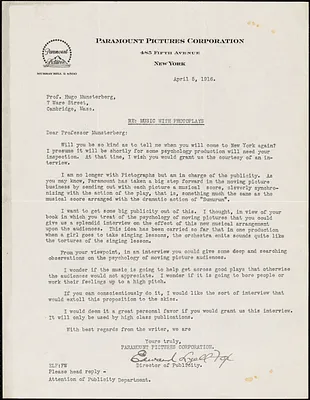 Fox, Edward Lyell, b. 1887 typed letter signed to Hugo Münsterberg, New York, 5 April 1916
