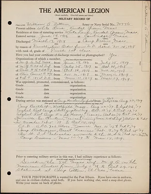 American Legion military record of William Arthur Vittum