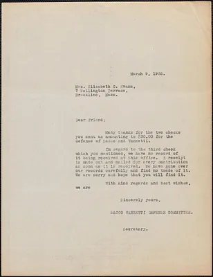 Sacco-Vanzetti Defense Committee typed letter (copy) to Elizabeth G[lendower] Evans, [Boston, Mass.], March 9, 1926