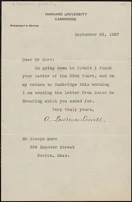 A. Lawrence Lowell typed note signed to Joseph Moro, Cambridge, Mass., September 26, 1927