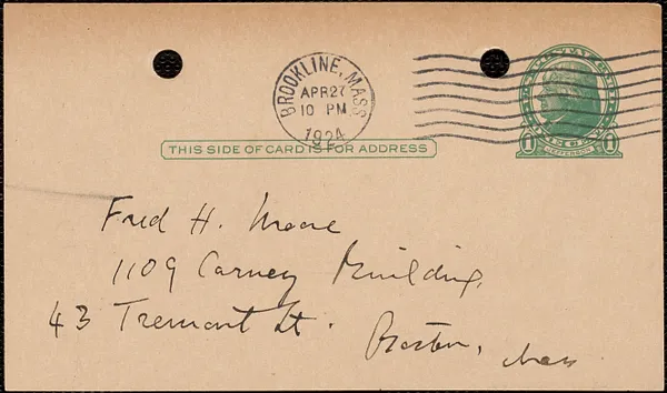 Elizabeth G[lendower] Evans autograph note signed (postcard) to Fred H. Moore, Brookline, Mass., April 27, 1924
