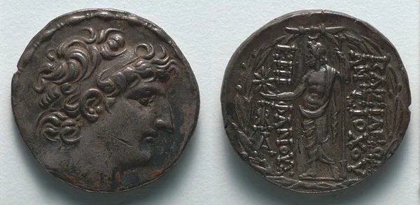 Tetradrachm: Head of Antiochos VIII (obverse); Zeus Ouranios (reverse)