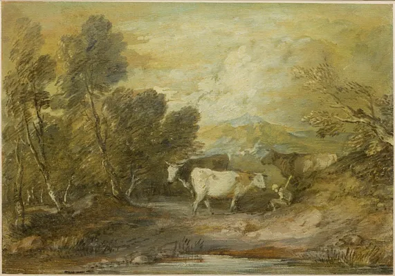 A Herdsman with Three Cows by an Upland Pool