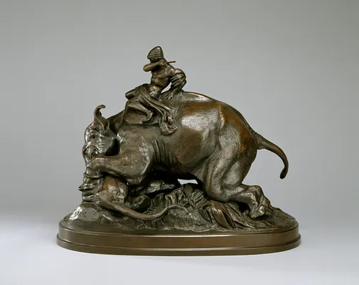 Indian Mounted on an Elephant Crushing a Tiger