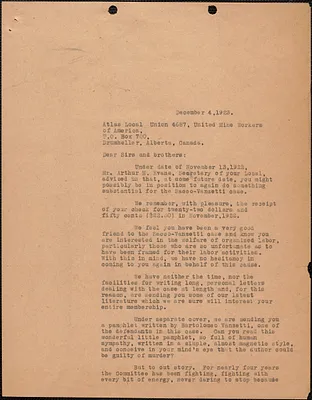 A. L. Carpenter [Sacco-Vanzetti Defense Committee] typed letter (copy) to Atlas Local Union 4687, United Mine Workers of America, [Boston, Mass.], December 4, 1923