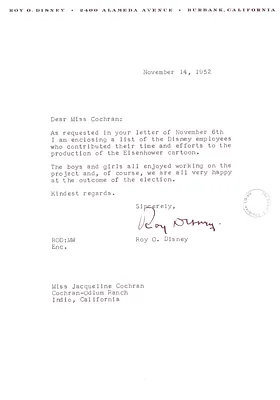 Letter from Roy Disney to Jacqueline Cochran