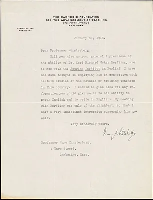 Pritchett, Henry S. (Henry Smith), 1857-1939 typed letter signed to Hugo Münsterberg, New York, 30 January 1913