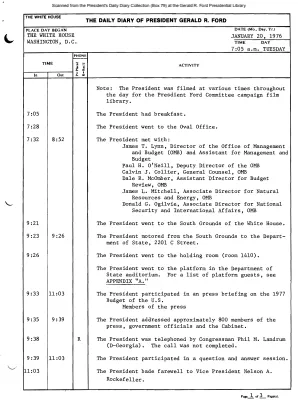 President Gerald R. Ford's Daily Diary, January 20, 1976
