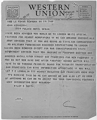 Telegram for John F. Kennedy Re: Trip to London May 28, 1945