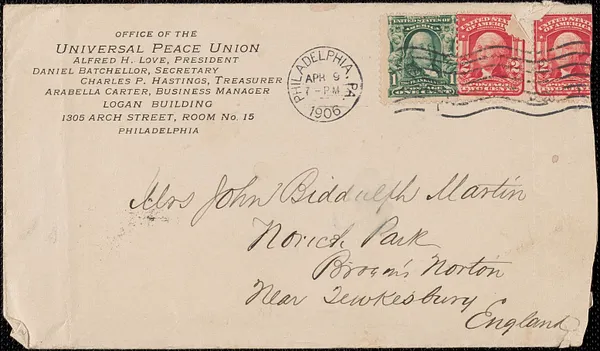 Universal Peace Union envelope to Mrs. John Biddulph Martin [Victoria Woodhull Martin], Philadelphia, Pa., April 9, 1906