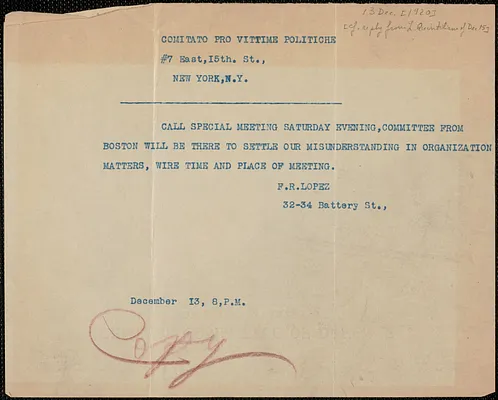 Frank R. Lopez telegram (copy) to Comitato pro Vittime Politiche (Italian Committee for Political Prisoners), Boston, Mass., December 13, [1920]