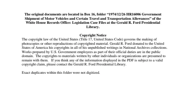 1974/12/26 HR16006 Government Shipment of Motor Vehicles and Certain Travel and Transportation Allowances
