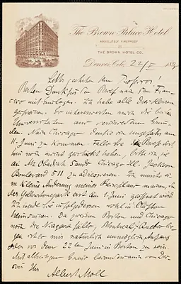 Moll, Albert, 1862- autograph letter signed to Hugo Münsterberg, Denver, Col., 22 May 1898