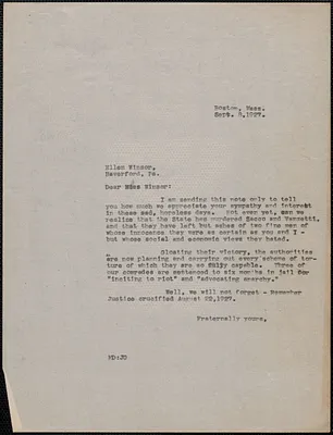 Mary Donovan typed letter (copy) to Ellen Winsor, Boston, Mass., September 8, 1927