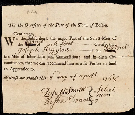Joseph Gary [Gray] indentured to apprentice with Joseph Higgins of Wellfleet, 17 March 1768