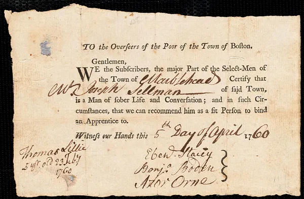 Thomas Lillie indentured to apprentice with Joseph Sellman of Marblehead, 2 July 1760